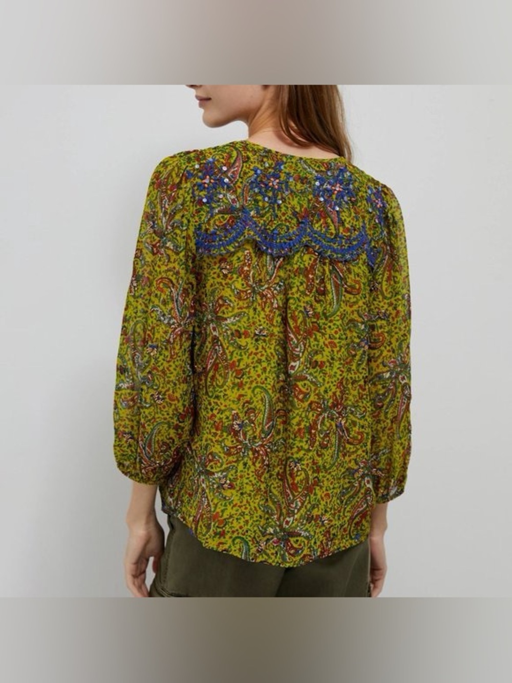 Anthropologie Beaded Priya Blouse Printed Green Size Large *388 - Picture 2 of 14